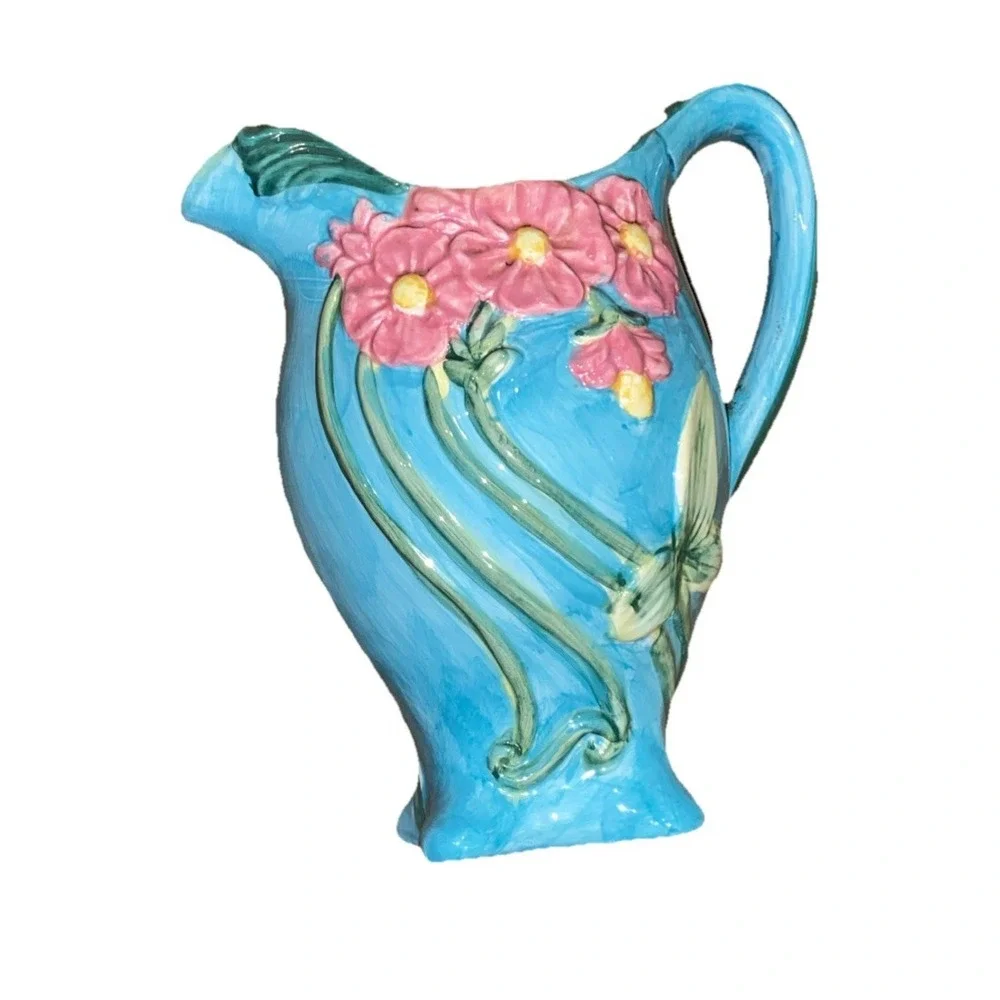 Pottery Pitcher Ewer Vase‎ Pastel Blue Pink Majolica Floral Flowers 9.5